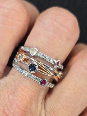 Mixed Metal Multi-Colored Stone Triple Band Ring - Size 7